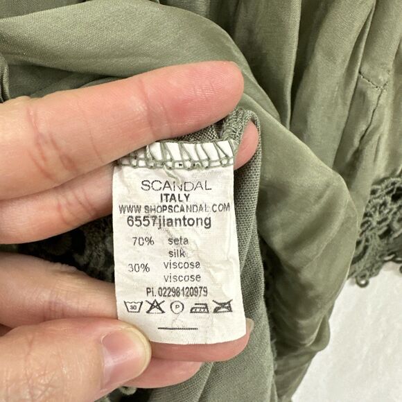 Scandal Italy Juliet Green Silk Blend Crochet Lace Flowy Tie Neck Top Womens O/S - Picture 13 of 13